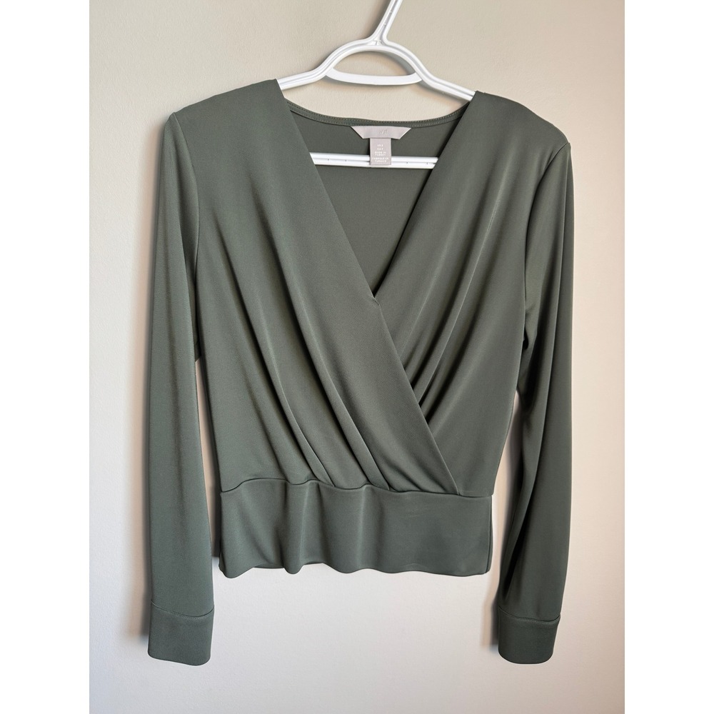 H&M Womens Olive Green Surplice Blouse Small Officecore Business Casual Wrap Top
